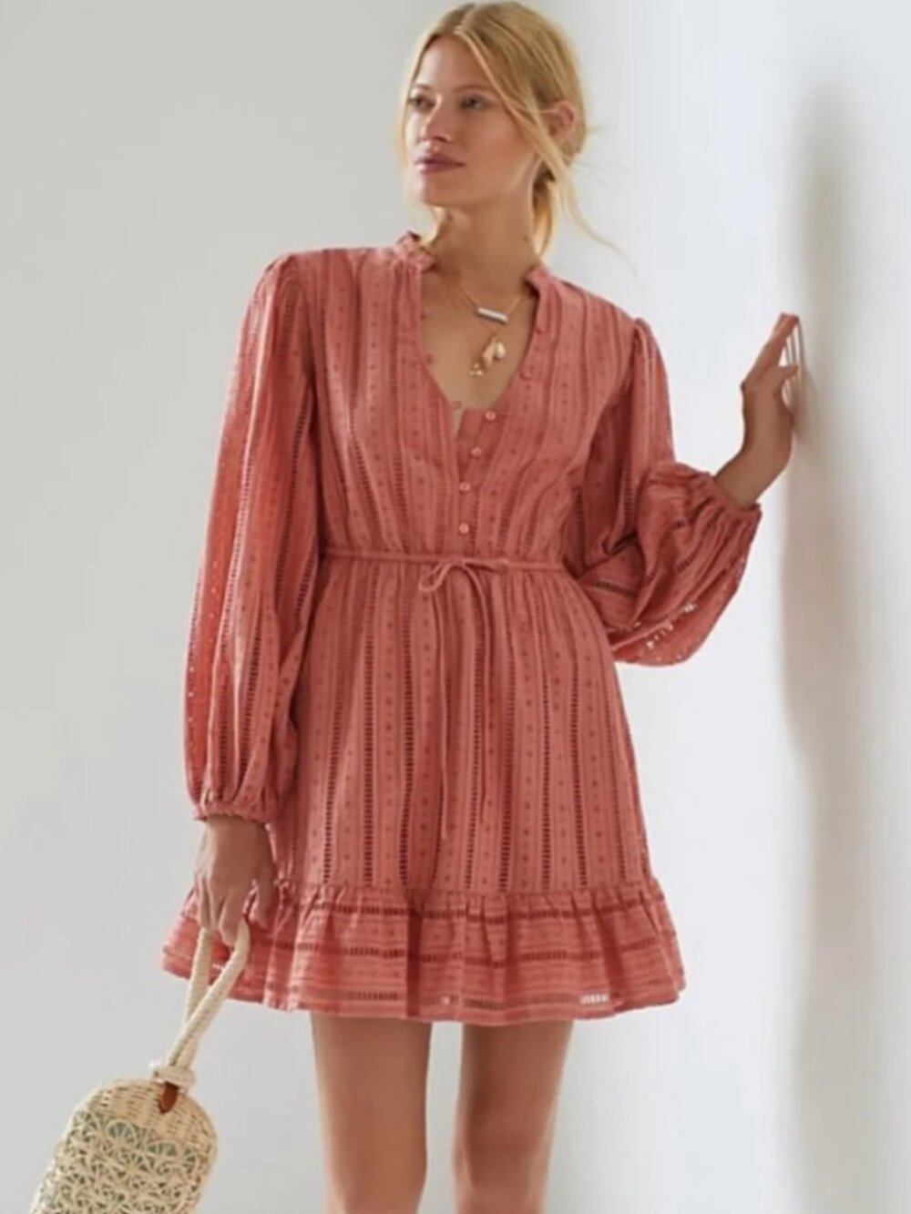 Anthropologie Forever That Girl Eyelet Mini Dress Pink Rose XL NWT